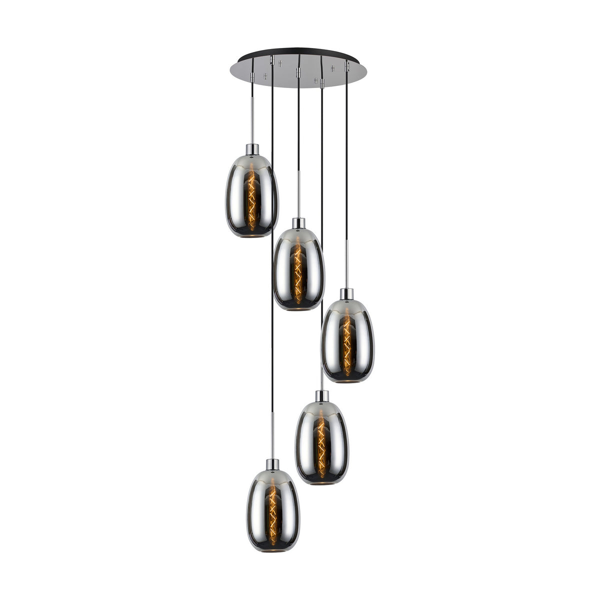 Lori E27 5 Light Trapezium Pendant in polished chrome, five curved glass shades at staggered heights from a round 45cm ceiling plate, shown on a plain white background.