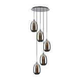 Lori E27 5 Light Trapezium Pendant in polished chrome, five curved glass shades at staggered heights from a round 45cm ceiling plate, shown on a plain white background.