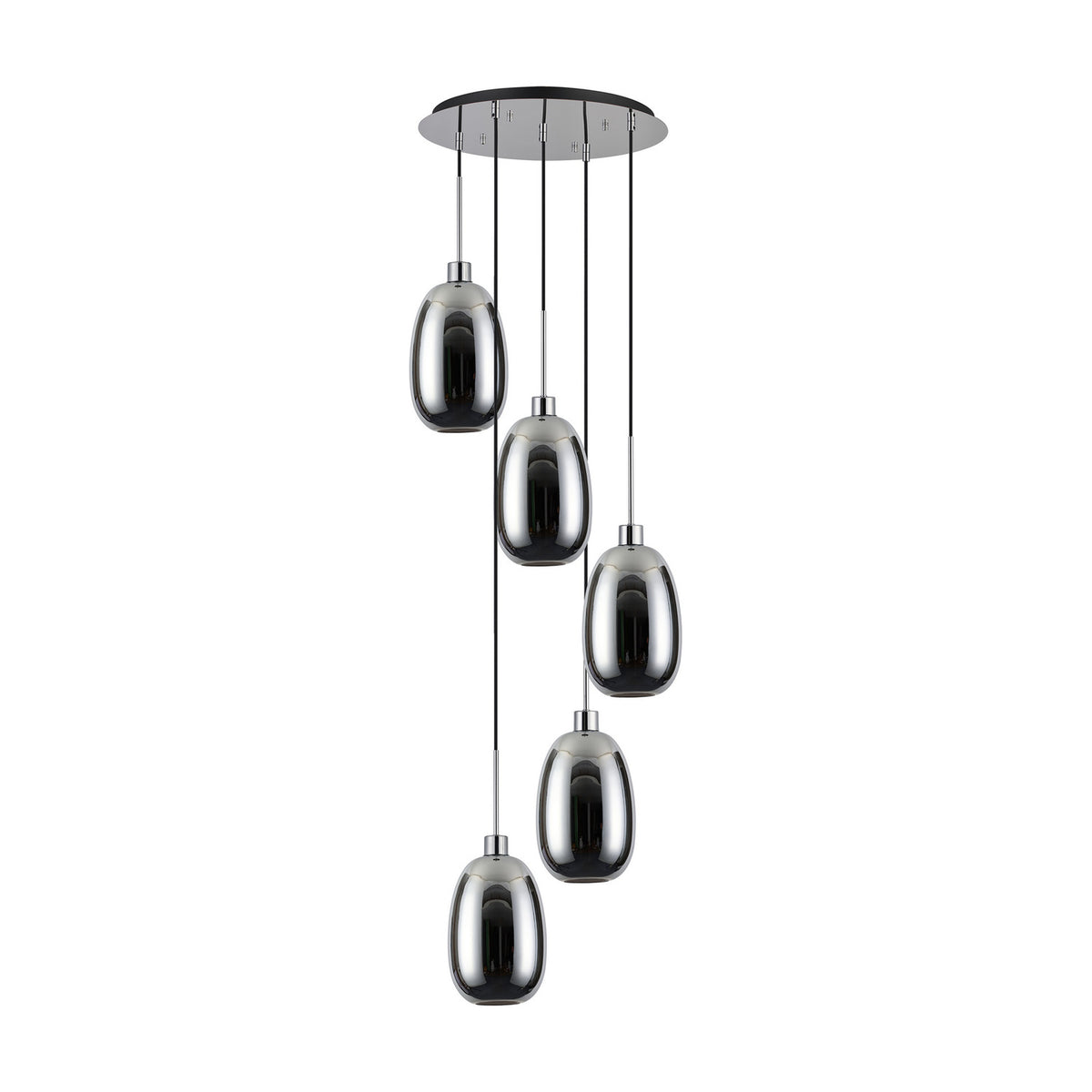 Lori E27 5-light trapezium pendant with round polished chrome ceiling plate and staggered chrome glass shades on individual cords, shown on a white background.