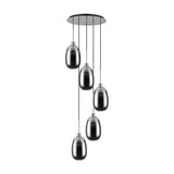 Lori E27 5-light trapezium pendant with round polished chrome ceiling plate and staggered chrome glass shades on individual cords, shown on a white background.