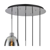 Lori E27 5-Light Trapezium Pendant in polished chrome, featuring a 45cm round ceiling plate with adjustable cables leading to trapezium glass shades, on a white background.