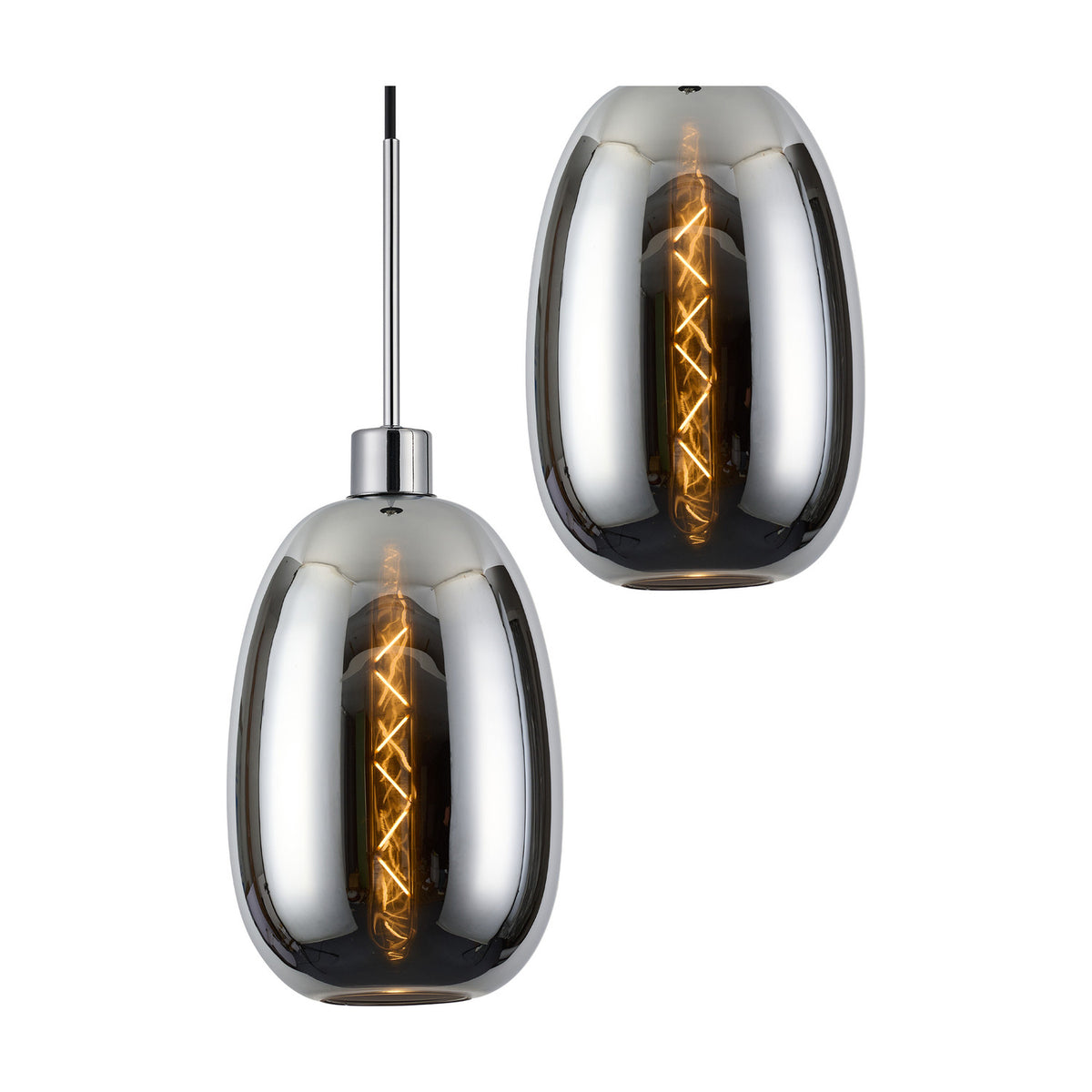 Lori E27 pendant light shown as single chrome trapezium-shaped glass shades with visible spiral filament bulbs, mirror-polished finish, on a plain white background.