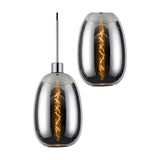 Lori E27 pendant light shown as single chrome trapezium-shaped glass shades with visible spiral filament bulbs, mirror-polished finish, on a plain white background.