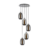 Lori 5 Light Pendant, round polished chrome ceiling plate with five staggered smoke-glass elongated shades on adjustable cords, shown against a plain white background.