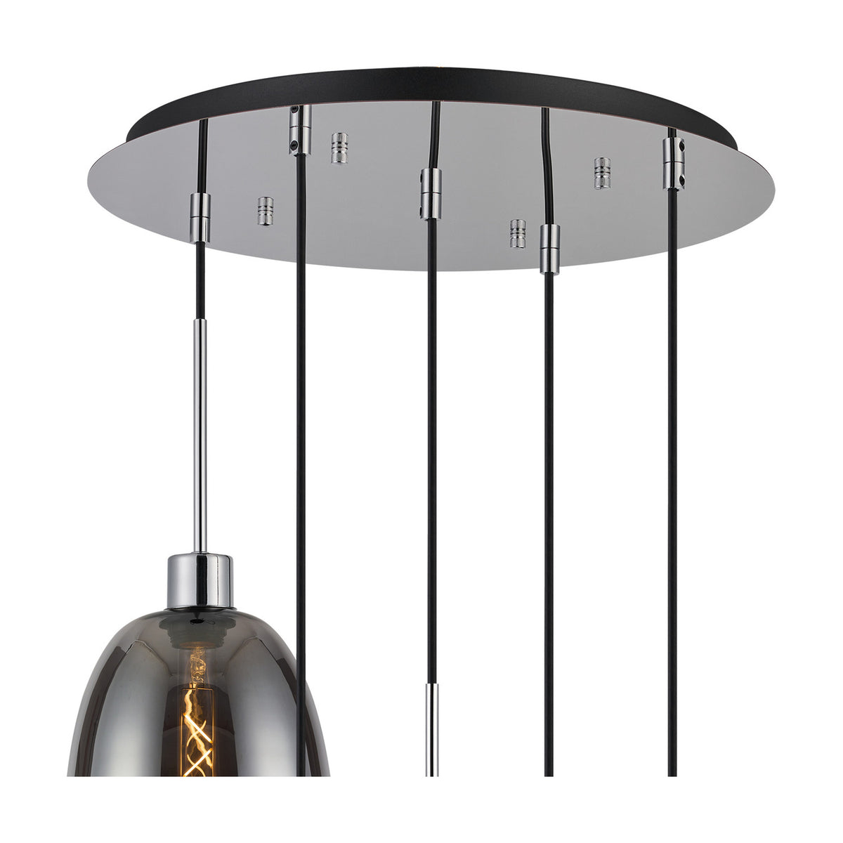 Lori 5 Light Pendant Light, close-up of the round polished chrome ceiling plate with multiple black cables and chrome connectors, one smoke glass shade with visible bulb below, on a white background.