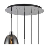 Lori 5 Light Pendant Light, close-up of the round polished chrome ceiling plate with multiple black cables and chrome connectors, one smoke glass shade with visible bulb below, on a white background.