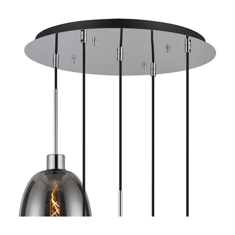 Lori 5 Light Pendant Light, close-up of the round polished chrome ceiling plate with multiple black cables and chrome connectors, one smoke glass shade with visible bulb below, on a white background.