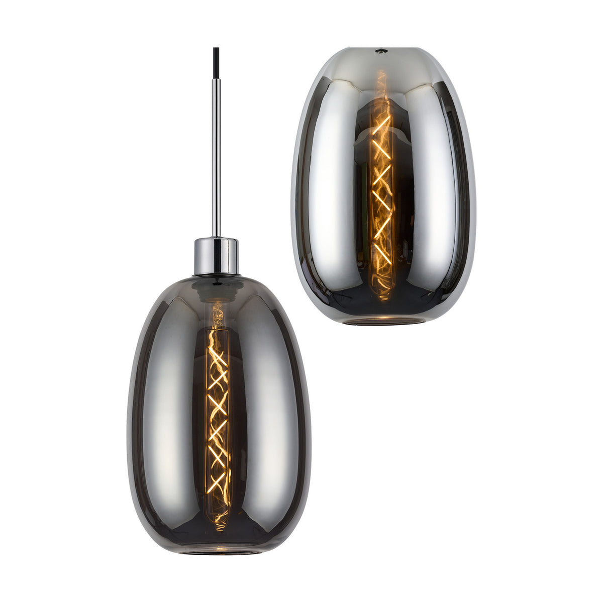 Lori pendant light shown as single and close-up views with an oval smoke glass shade, polished chrome fitting, and visible spiral-filament bulb on a white background.