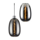 Lori pendant light shown as single and close-up views with an oval smoke glass shade, polished chrome fitting, and visible spiral-filament bulb on a white background.
