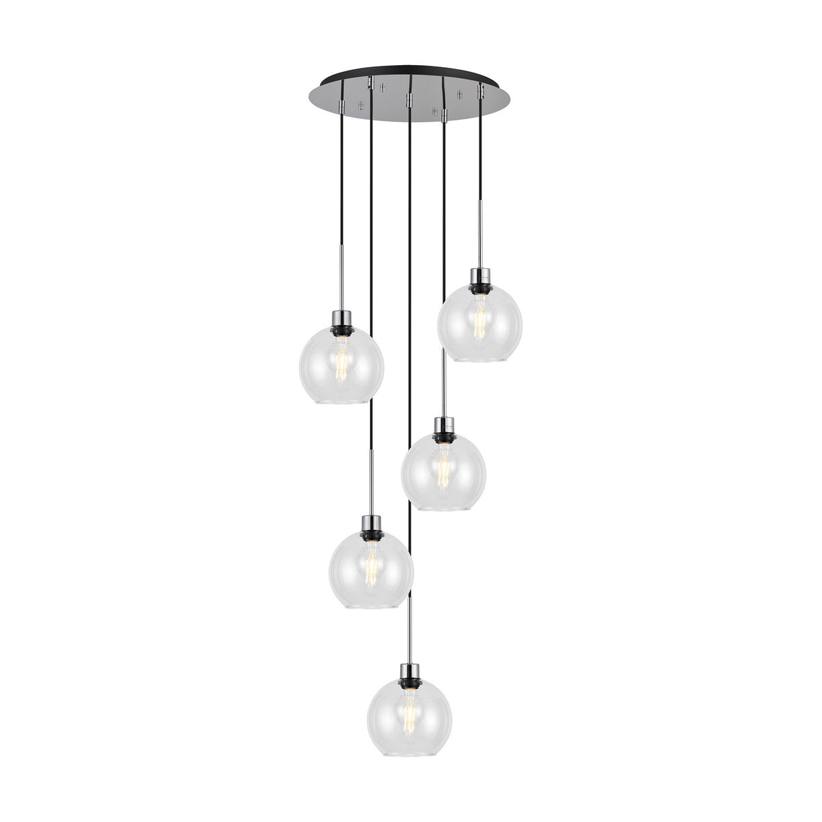 Lori 5 Light E27 Round Globe Clear Pendant 45cm - Polished Chrome