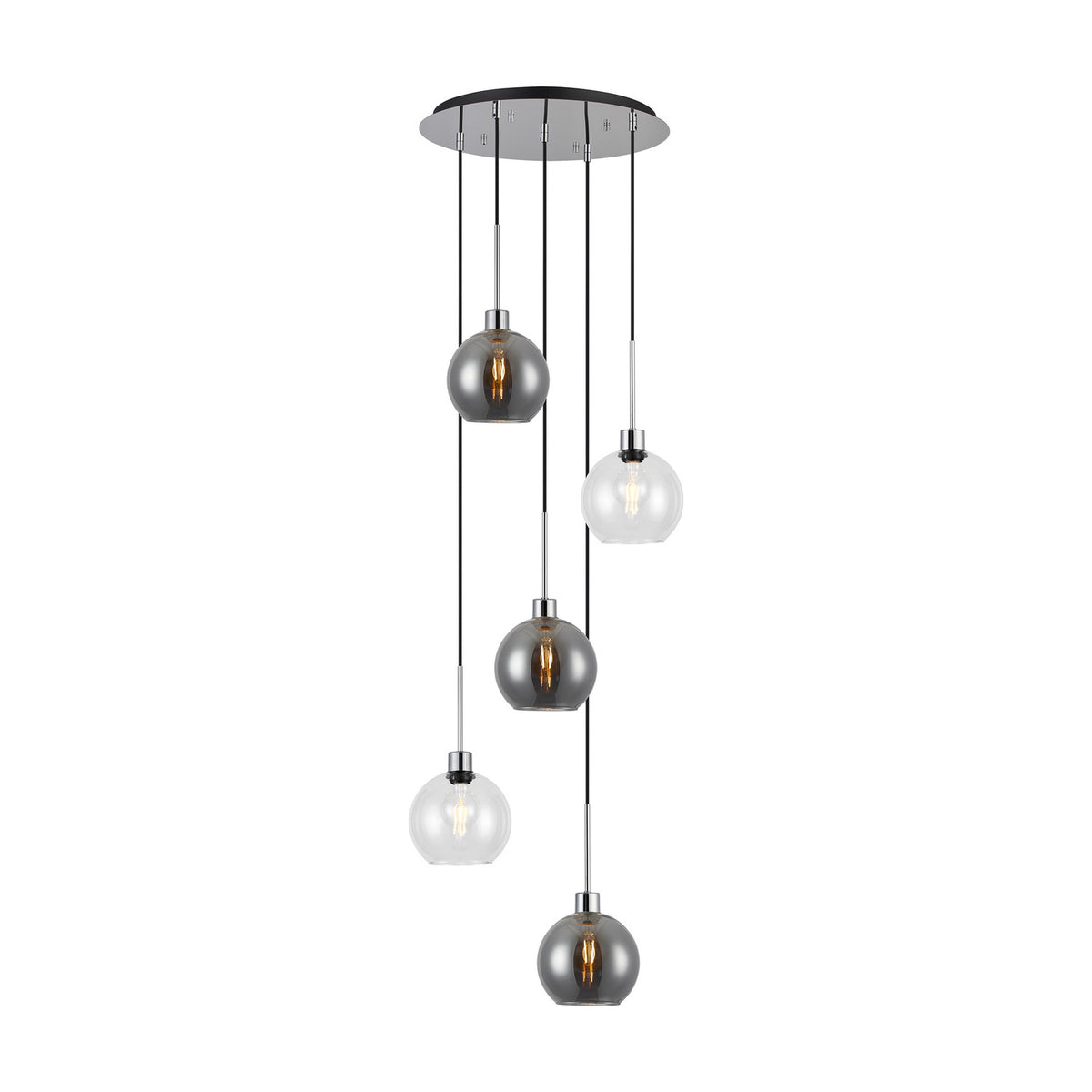 Lori 5 Light Clear Pendant 45cm cluster with round polished chrome ceiling plate and five clear and smoke glass globe shades at staggered drop heights, on a plain white background.