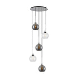 Lori 5 Light Clear Pendant 45cm cluster with round polished chrome ceiling plate and five clear and smoke glass globe shades at staggered drop heights, on a plain white background.
