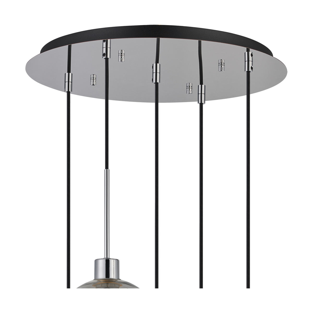 Close-up of the Lori 5 Light Pendant's round polished chrome ceiling plate with five black cables and chrome hardware, one smoke glass shade visible below, on white.