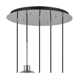 Close-up of the Lori 5 Light Pendant's round polished chrome ceiling plate with five black cables and chrome hardware, one smoke glass shade visible below, on white.