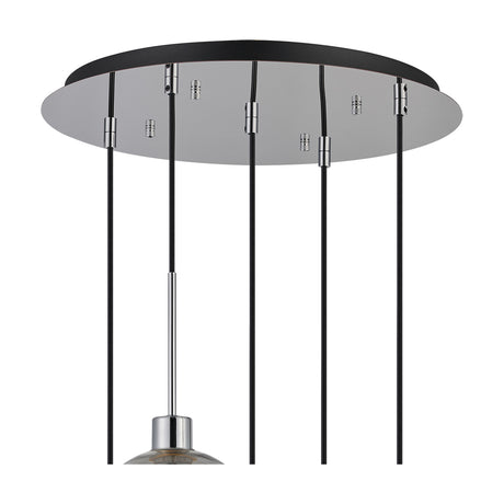 Close-up of the Lori 5 Light Pendant's round polished chrome ceiling plate with five black cables and chrome hardware, one smoke glass shade visible below, on white.