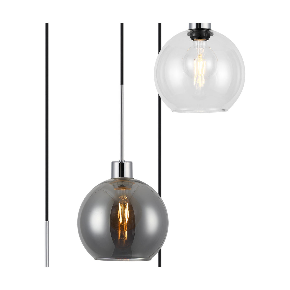 Lori pendant light globes in clear and smoke glass with polished chrome fittings, shown individually with visible filament bulbs against a white background.