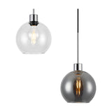 Lori pendant light with round globe glass shades in clear and smoke finishes, chrome cord suspension and cap, shown individually on a white background.