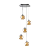 Lori E27 5 Light Wine Pendant Light in Amber with Polished Chrome, five tapered amber glass shades staggered at varying heights beneath a round 45cm chrome ceiling plate on a plain white background.
