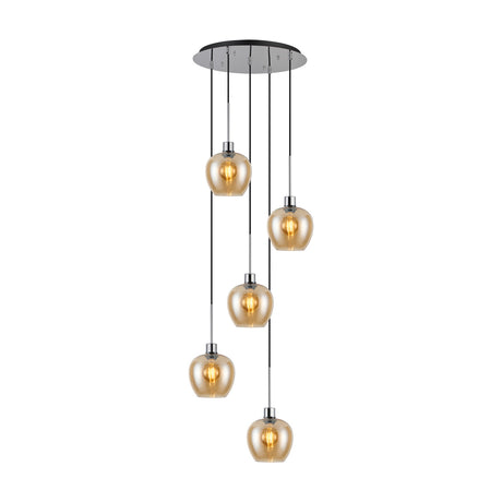 Lori E27 5 Light Wine Pendant Light in Amber with Polished Chrome, five tapered amber glass shades staggered at varying heights beneath a round 45cm chrome ceiling plate on a plain white background.