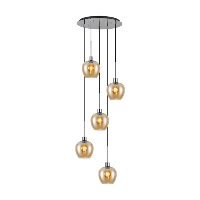 Lori E27 5 Light Wine Pendant Light in Amber with Polished Chrome, five tapered amber glass shades staggered at varying heights beneath a round 45cm chrome ceiling plate on a plain white background.