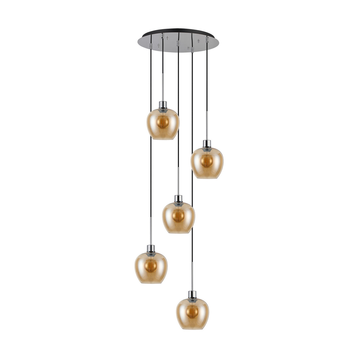 Lori E27 5 Light Wine Pendant Light in Amber, five tapered amber glass shades cascading at staggered heights from a round 45cm polished chrome ceiling plate, shown on a plain white background.