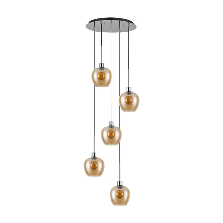 Lori E27 5 Light Wine Pendant Light in Amber, five tapered amber glass shades cascading at staggered heights from a round 45cm polished chrome ceiling plate, shown on a plain white background.