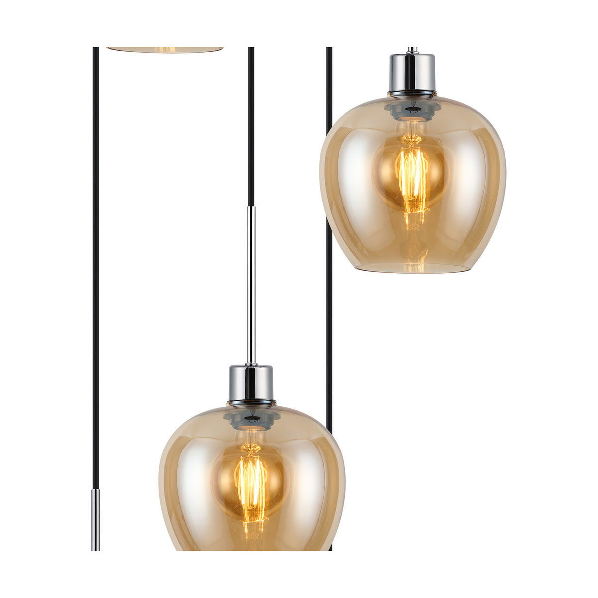 Close-up of the Lori E27 pendant light showing amber wine-glass shaped glass shades with visible filament bulbs, suspended from polished chrome fittings on black flex cords against a white background.