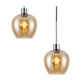 Lori E27 pendant light with an amber, wine glass-shaped glass shade and polished chrome fitting, shown as a single light on a plain white background.