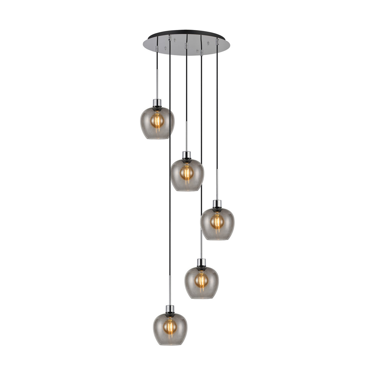 Lori 5 Light E27 Round Pendant Light 45cm Smoke - Polished Chrome