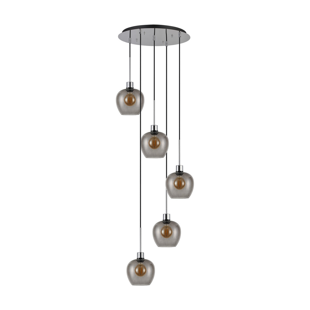 Lori 5 Light E27 Round Pendant Light 45cm Smoke - Polished Chrome