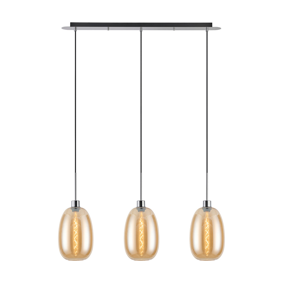 Lori 3 Light Trapezium Pendant Light with amber glass shades and polished chrome ceiling bar and cable suspensions, shown on a plain white background.