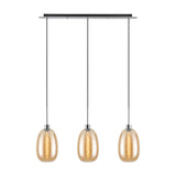 Lori 3 Light Trapezium Pendant Light with amber glass shades and polished chrome ceiling bar and cable suspensions, shown on a plain white background.