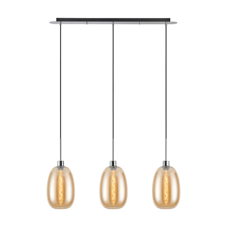 Lori 3 Light Trapezium Pendant Light with amber glass shades and polished chrome ceiling bar and cable suspensions, shown on a plain white background.