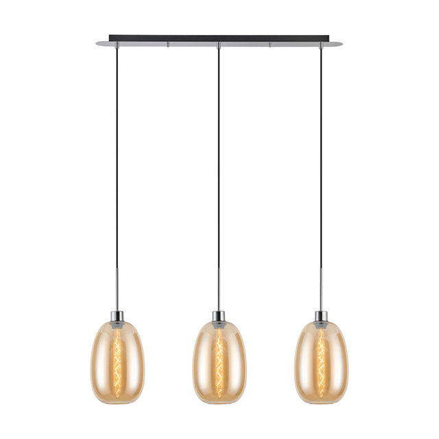 Lori 3 Light Trapezium Pendant Light with amber glass shades and polished chrome ceiling bar and cable suspensions, shown on a plain white background.