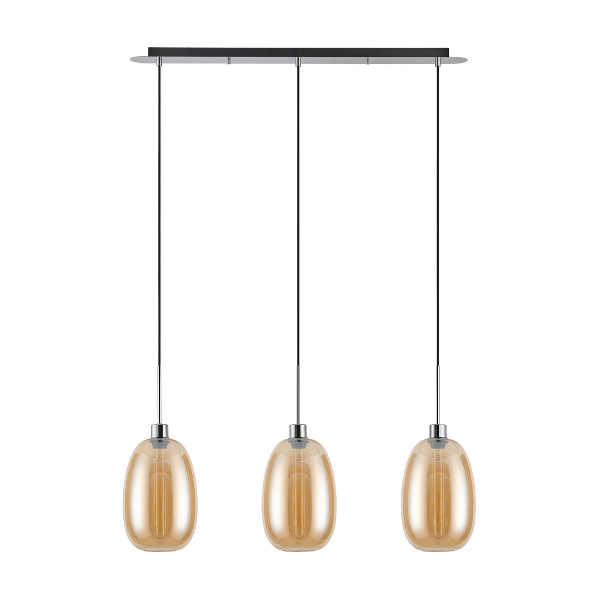 Lori 3 Light Trapezium Pendant Light with amber glass shades on a polished chrome linear bar, black cables, on a plain white background.