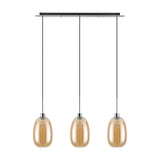 Lori 3 Light Trapezium Pendant Light with amber glass shades on a polished chrome linear bar, black cables, on a plain white background.