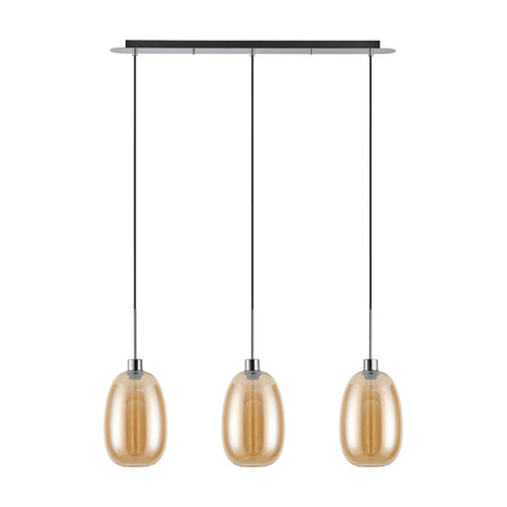 Lori 3 Light Trapezium Pendant Light with amber glass shades on a polished chrome linear bar, black cables, on a plain white background.