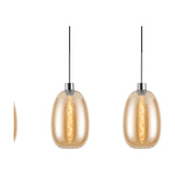 Lori 3 Light Trapezium Pendant Light in amber glass with polished chrome fittings, shown as individual curved shades with visible E27 bulbs on a white background.