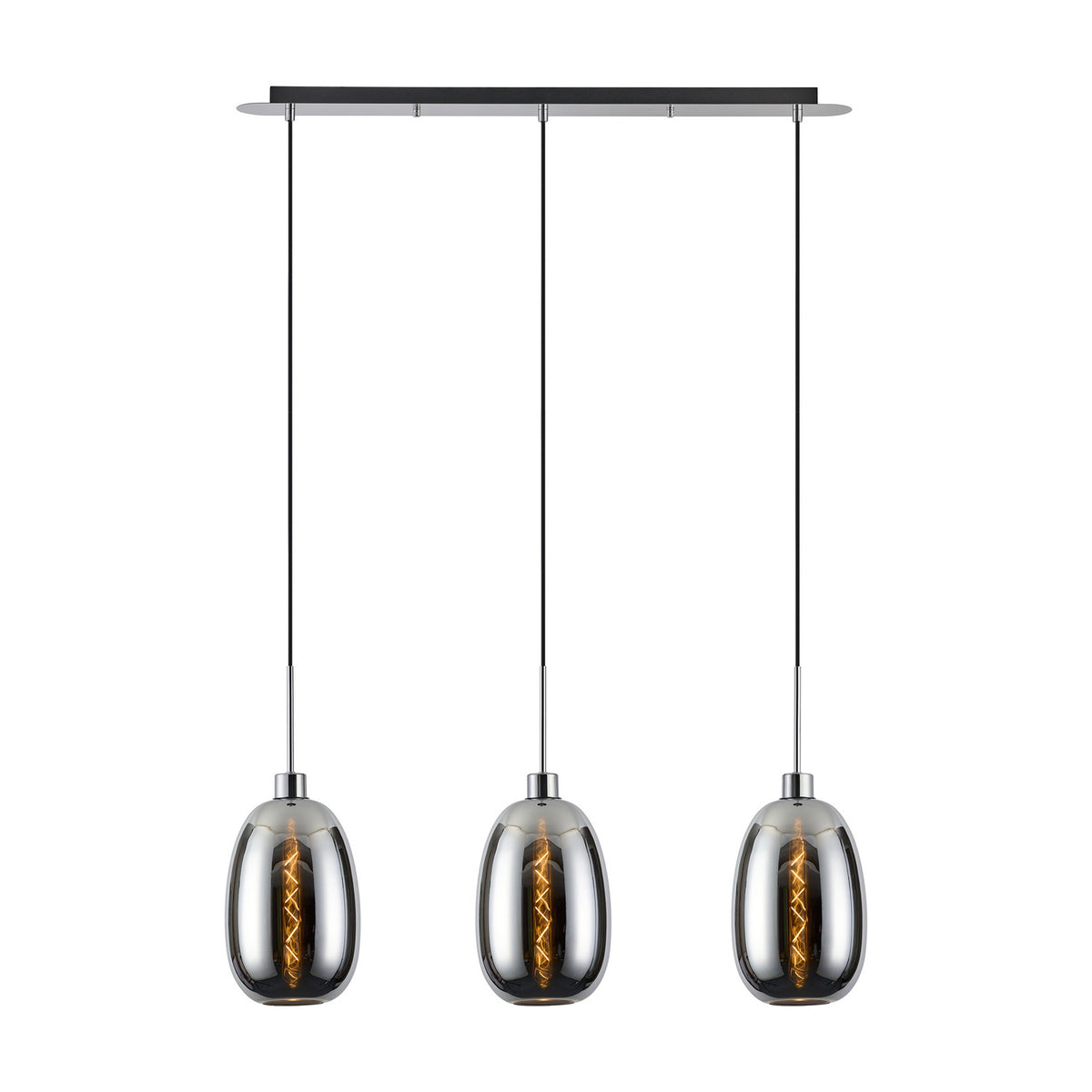 Lori E27 3 Light Trapezium Pendant with slim curved chrome glass shades suspended from a polished chrome linear bar, shown on a plain white background.