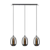 Lori E27 3 Light Trapezium Pendant with slim curved chrome glass shades suspended from a polished chrome linear bar, shown on a plain white background.