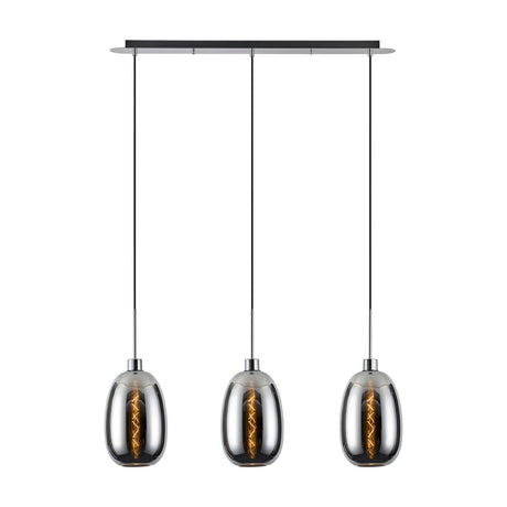 Lori E27 3 Light Trapezium Pendant with slim curved chrome glass shades suspended from a polished chrome linear bar, shown on a plain white background.