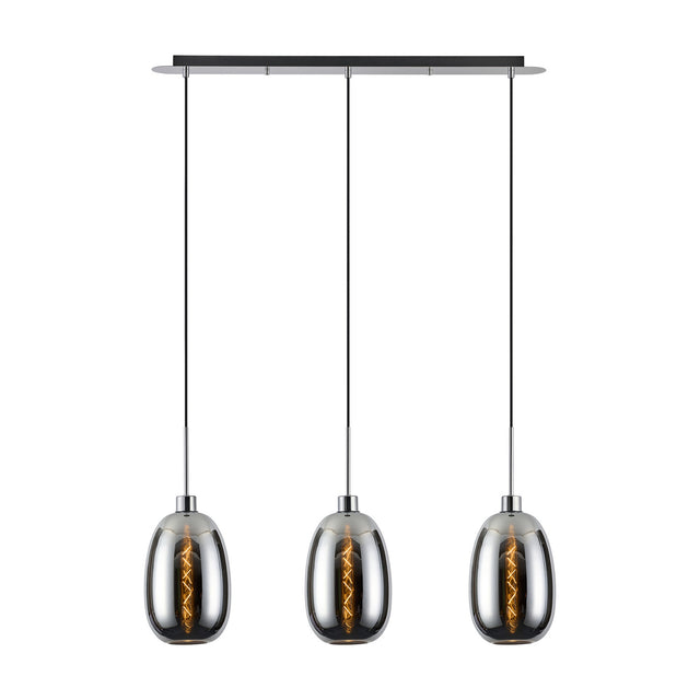 Lori E27 3 Light Trapezium Pendant with slim curved chrome glass shades suspended from a polished chrome linear bar, shown on a plain white background.