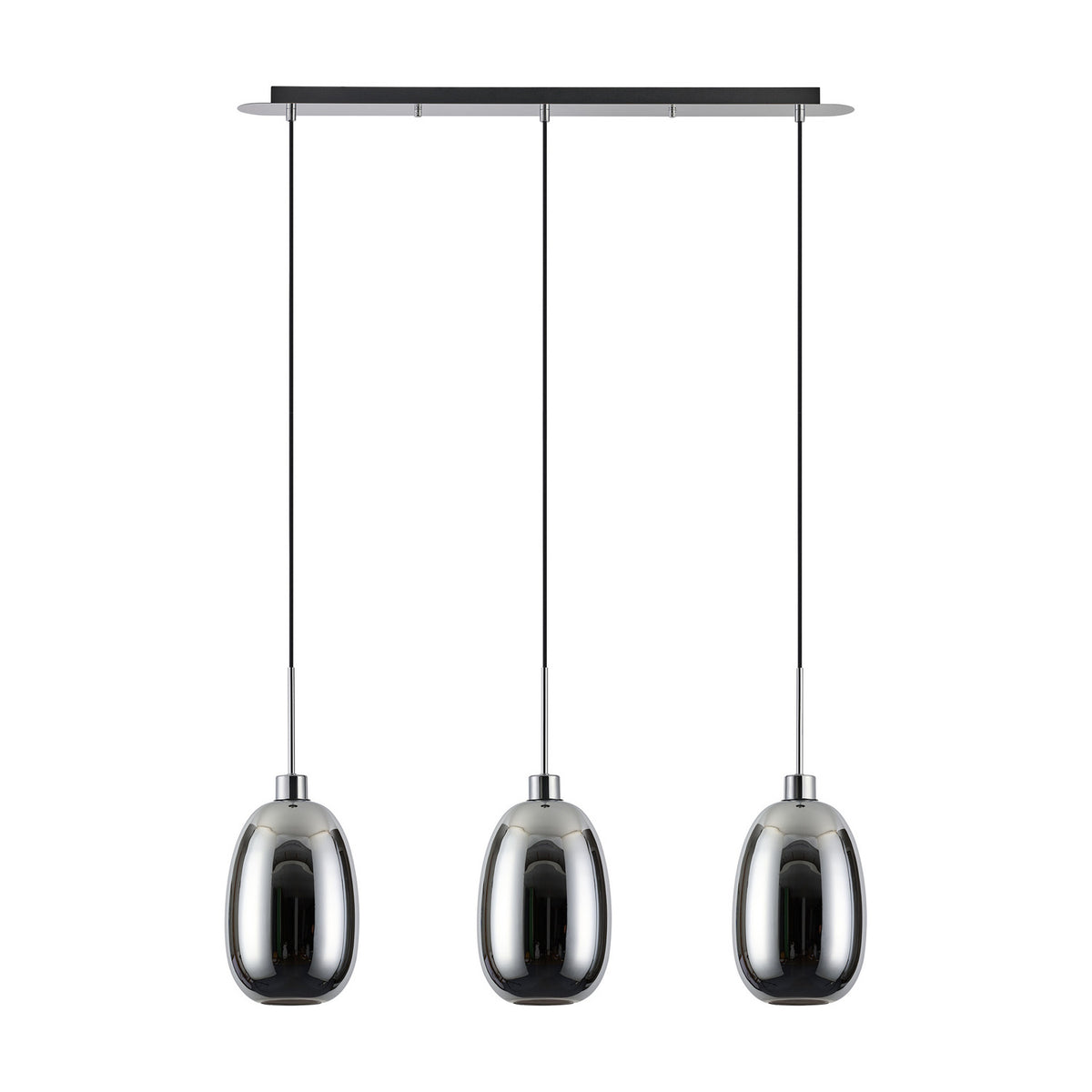 Lori E27 3 Light Trapezium Pendant with chrome glass shades on a black bar with polished chrome fittings, suspended on cables against a plain white background.