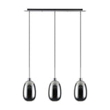 Lori E27 3 Light Trapezium Pendant with chrome glass shades on a black bar with polished chrome fittings, suspended on cables against a plain white background.