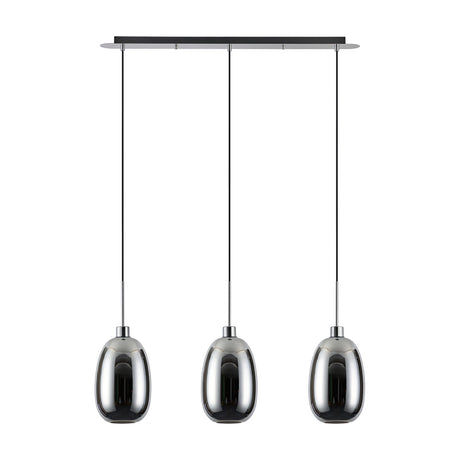 Lori E27 3 Light Trapezium Pendant with chrome glass shades on a black bar with polished chrome fittings, suspended on cables against a plain white background.