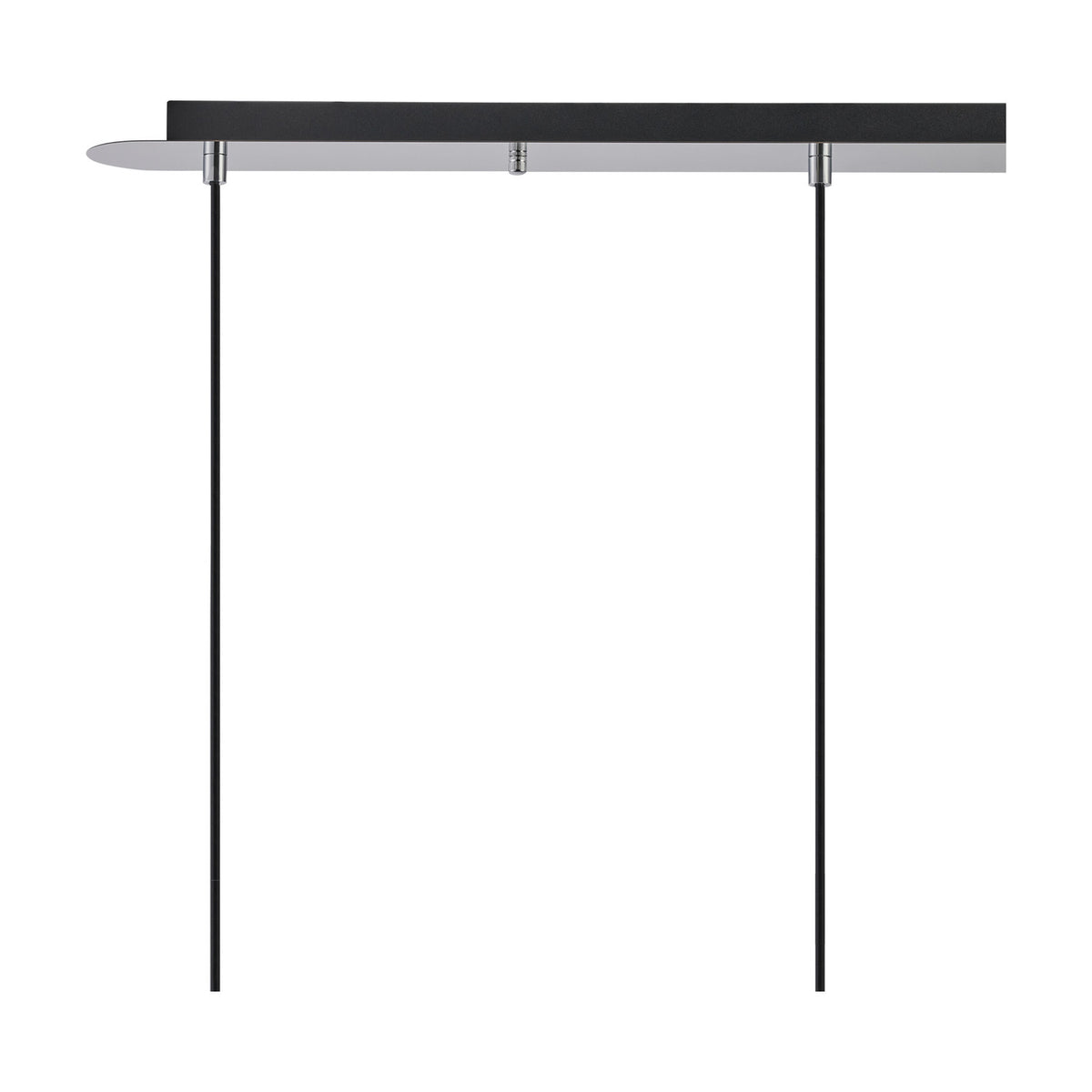 Lori E27 3 Light Trapezium Pendant with polished chrome ceiling bar and three chrome suspension cables on black cords, shown on a plain white background.