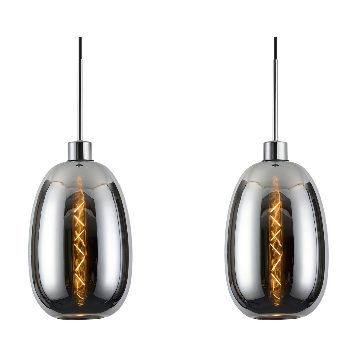 Two Lori E27 chrome pendant lights with trapezium glass shades and exposed filament bulbs, each hung from a slim polished chrome cord and mount on a white background.