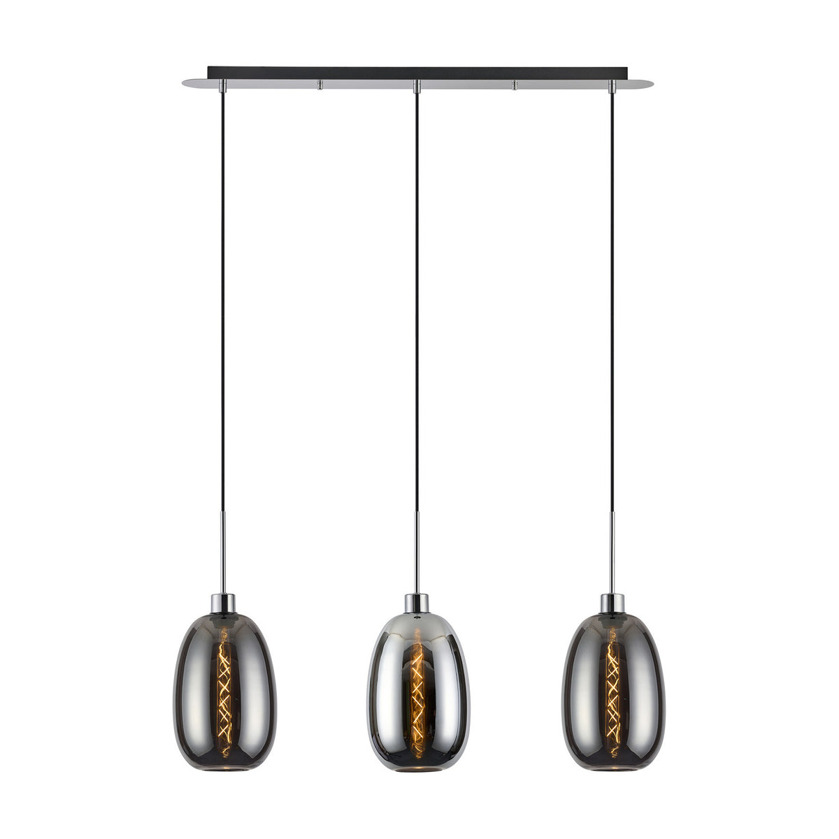 Lori 3 Light Pendant, a linear polished chrome ceiling bar suspending three smoke glass shades on black cables against a plain white background.