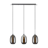 Lori 3 Light Pendant, a linear polished chrome ceiling bar suspending three smoke glass shades on black cables against a plain white background.