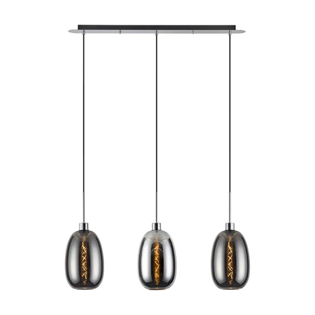 Lori 3 Light Pendant, a linear polished chrome ceiling bar suspending three smoke glass shades on black cables against a plain white background.